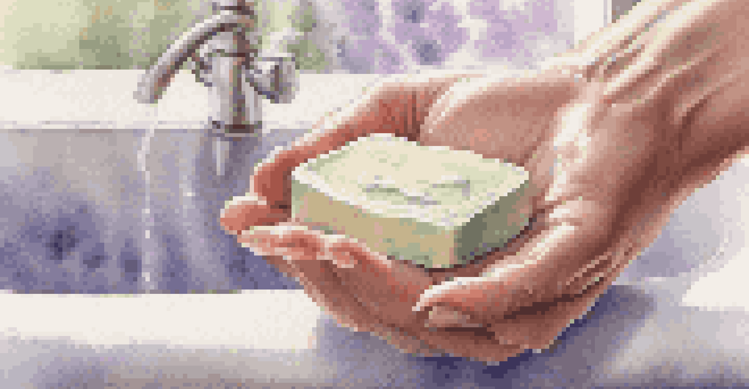 A person's hands lathering a bar of exfoliating soap with ground almonds and lavender in a serene bathroom setting.