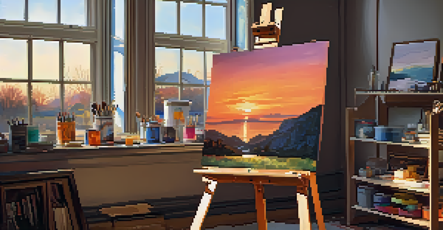 An artist's workspace with an easel, painting supplies, and warm light coming through a window.