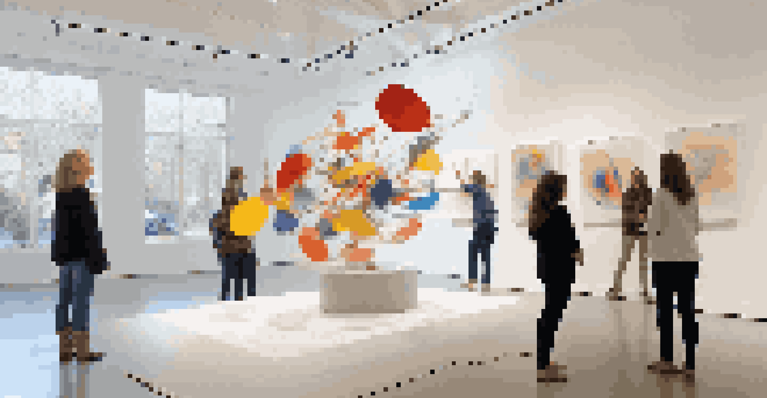 A colorful kinetic sculpture swaying in a gallery, surrounded by engaged visitors, with light reflections and playful shadows.