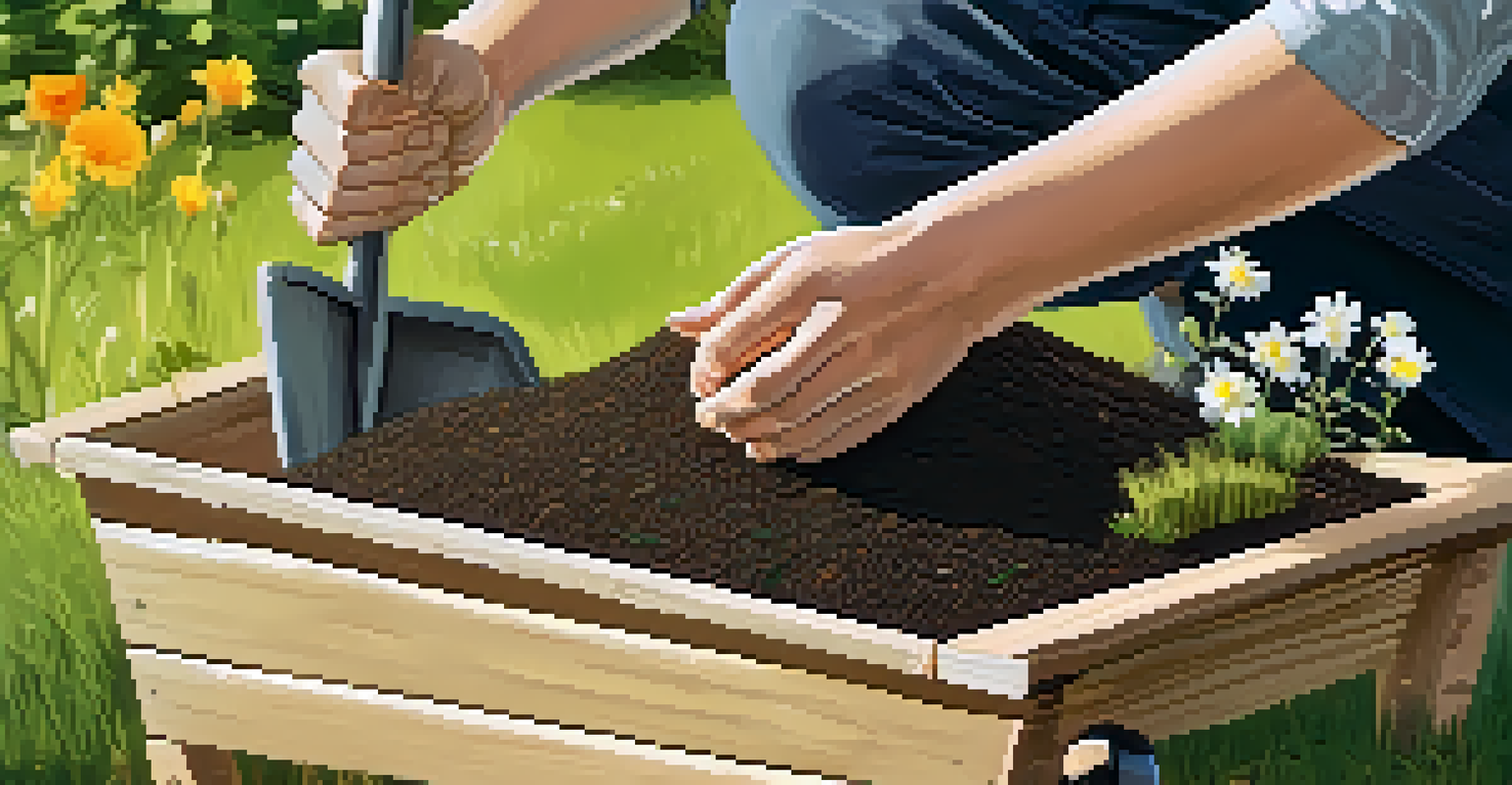 Close-up of hands preparing soil for a raised bed garden with gardening tools in the background.