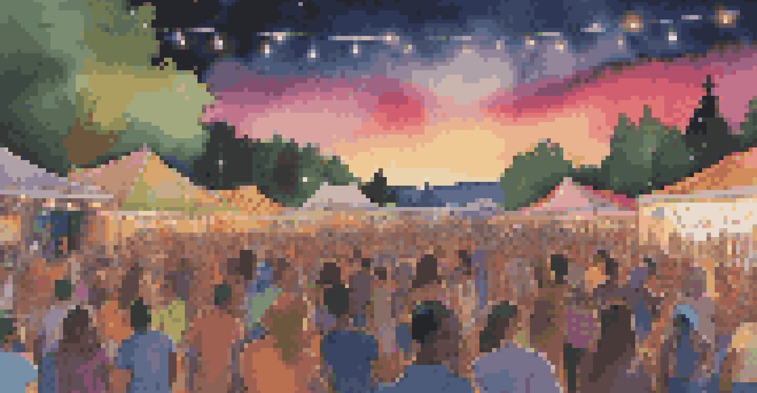 A lively outdoor music festival with a band performing and a crowd dancing.