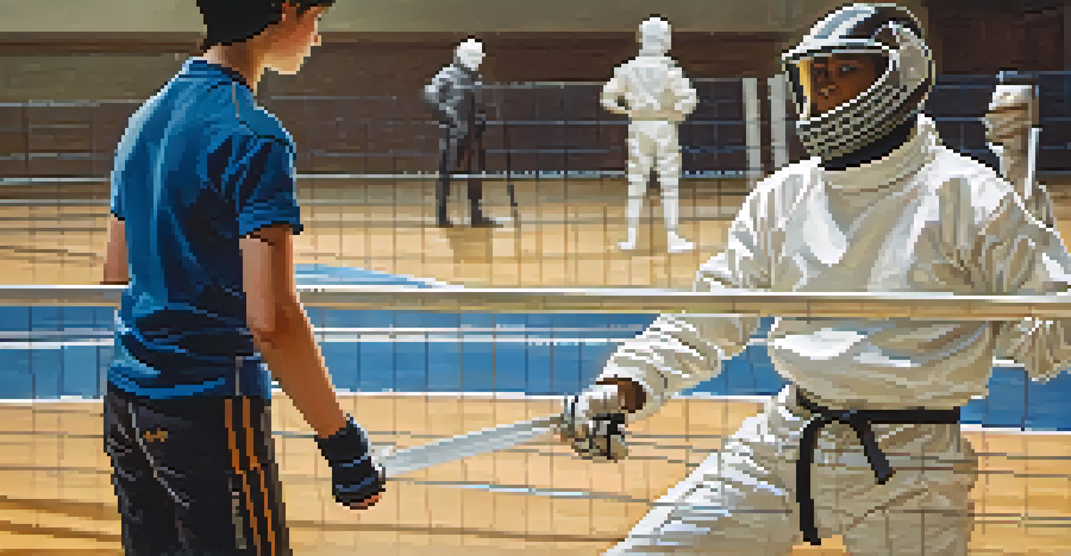 A fencing coach and a young fencer discussing techniques on the sidelines, with training equipment visible in the background.