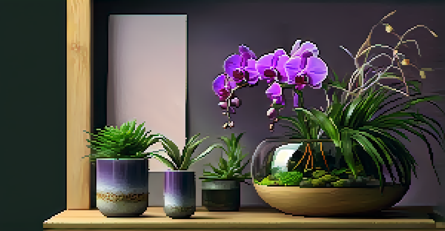 An artistic arrangement of exotic plants on a wooden shelf, including an orchid, fern, and a glass terrarium with air plants.