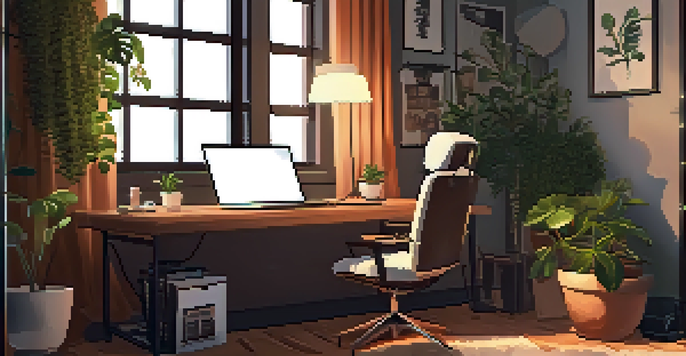 A cozy podcast studio with a microphone and headphones, warm lighting, a wooden desk with notes, a laptop, and a potted plant.