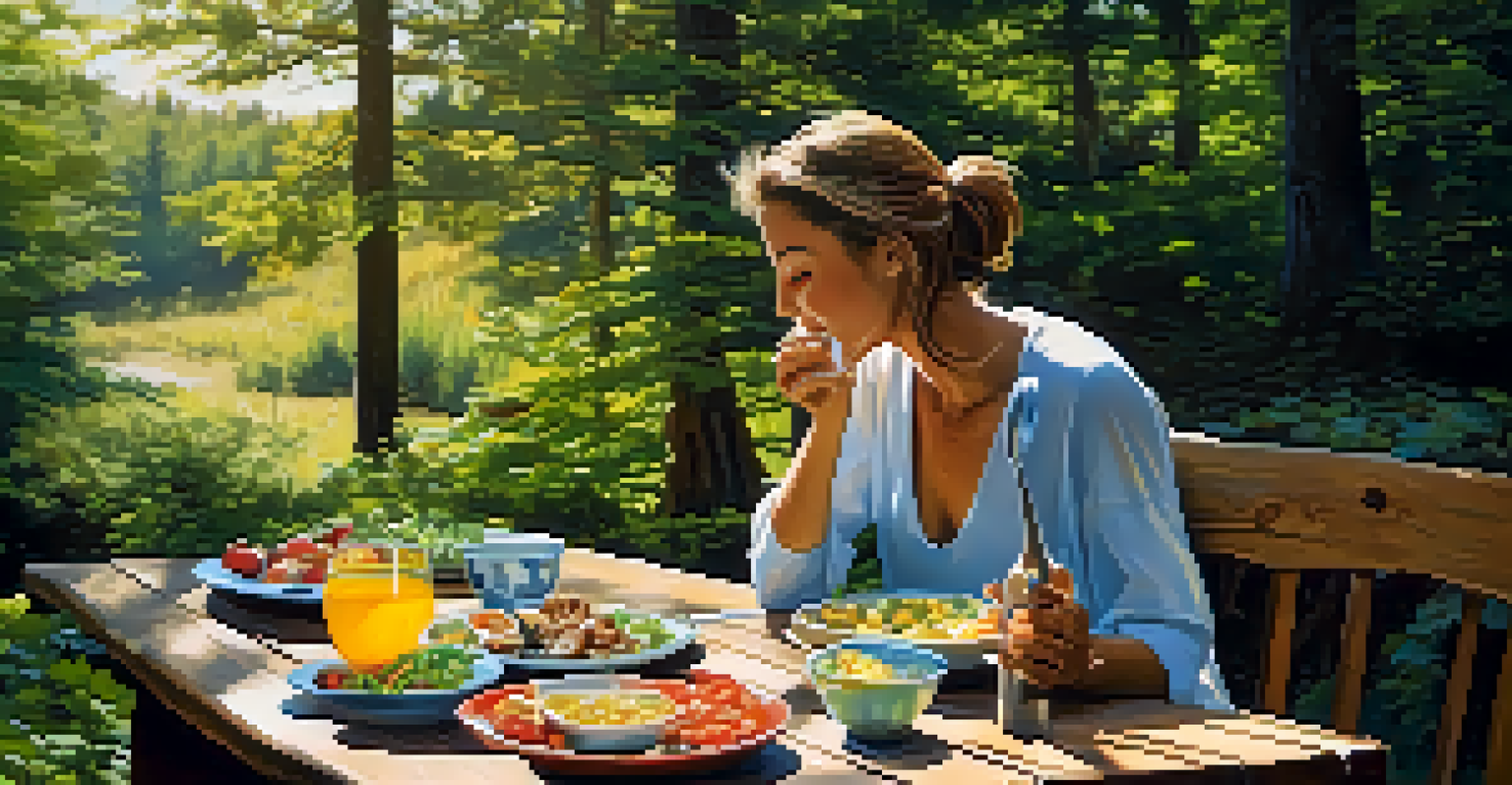 A person savoring a healthy meal outdoors at a rustic wooden table, surrounded by nature and sunlight filtering through the trees.