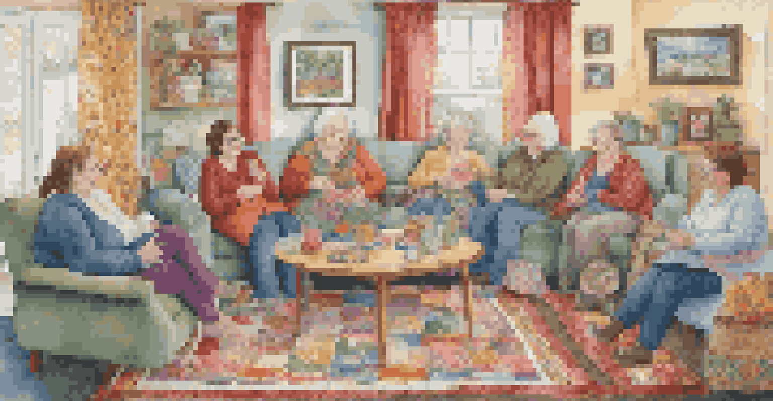 A cozy quilting circle with friends in a living room, sharing fabrics and stories, surrounded by colorful quilting materials and a finished quilt on the wall.