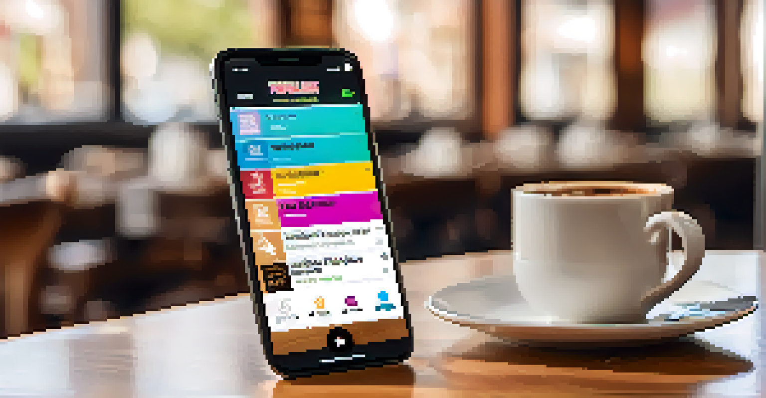 A smartphone displaying a vibrant podcast promotion graphic on a wooden table in a café, with coffee cups nearby.