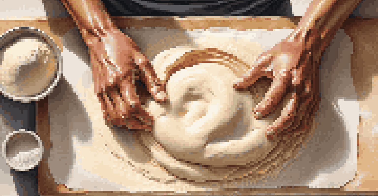 A baker's hands kneading dough on a floured countertop, surrounded by baking ingredients.