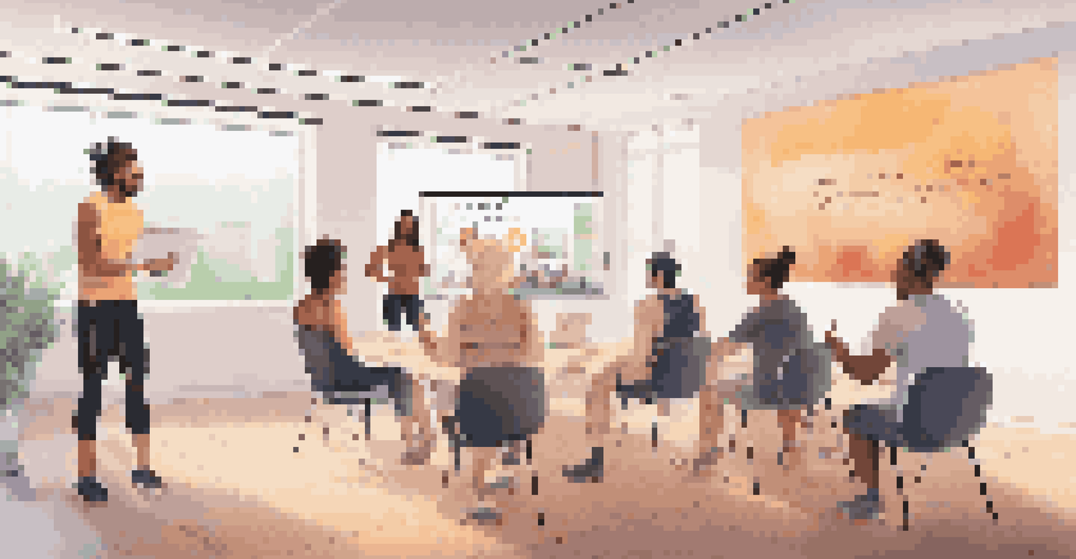 A virtual meeting room with diverse individuals sharing their fitness stories, surrounded by motivational posters and a digital whiteboard.