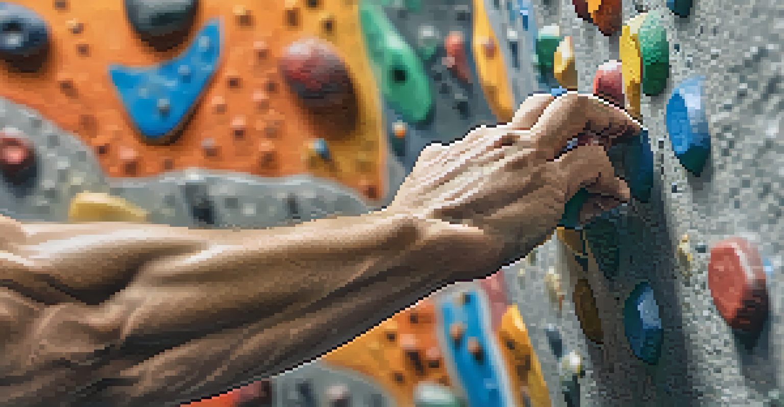 A close-up of a martial artist's hand gripping a climbing hold on a colorful climbing wall.