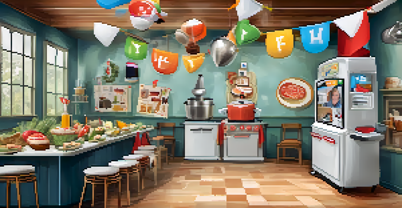 A lively photo booth area at a cooking class, filled with props and guests enjoying the moment.