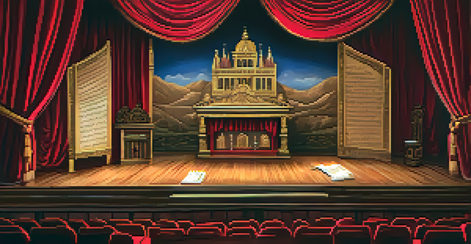 A theatre stage set with wooden props, golden lighting, and red velvet curtains, featuring a wooden table with scripts and a quill in the foreground.