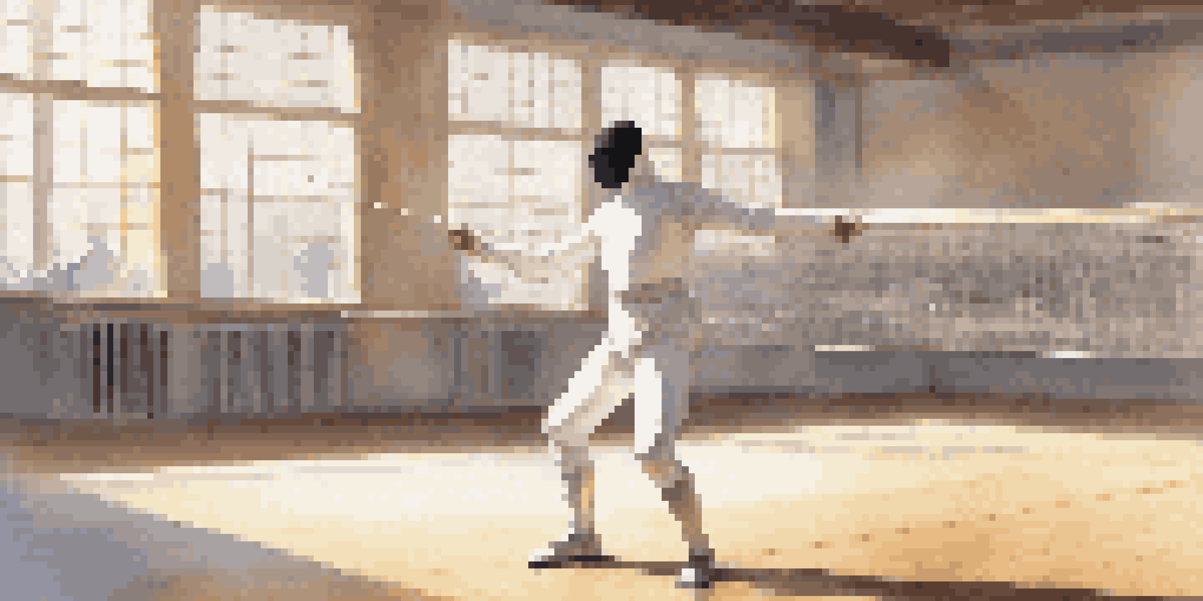 A fencer in white gear performing dynamic stretches in a gym, with sunlight entering through large windows.