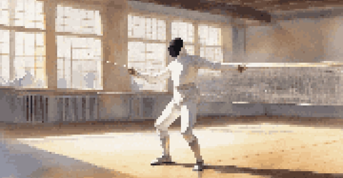 A fencer in white gear performing dynamic stretches in a gym, with sunlight entering through large windows.
