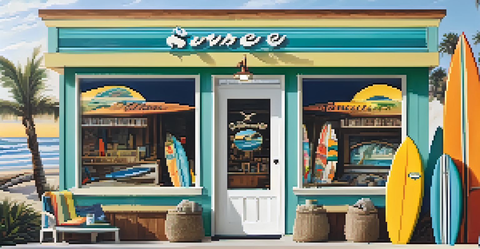 A colorful retro surf shop with surfboards, beach decorations, and a view of a sunny beach outside.
