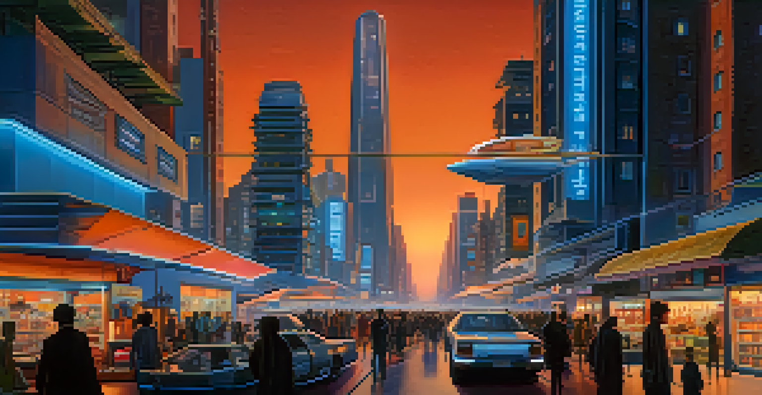 A futuristic city at dusk with illuminated skyscrapers, a colorful sky, and a busy street filled with people and shops.