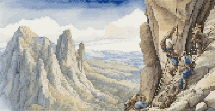 Early mountaineers climbing a rugged cliff with hemp ropes and wooden pitons, showcasing their determination and the natural rocky landscape.