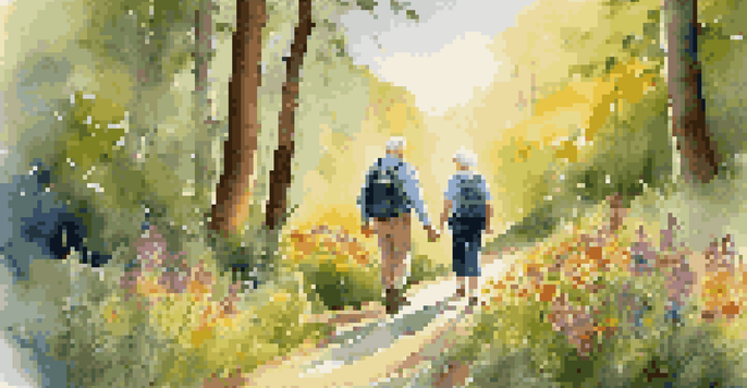An elderly couple happily hiking on a nature trail with green trees and colorful flowers around them, basking in the sunlight.