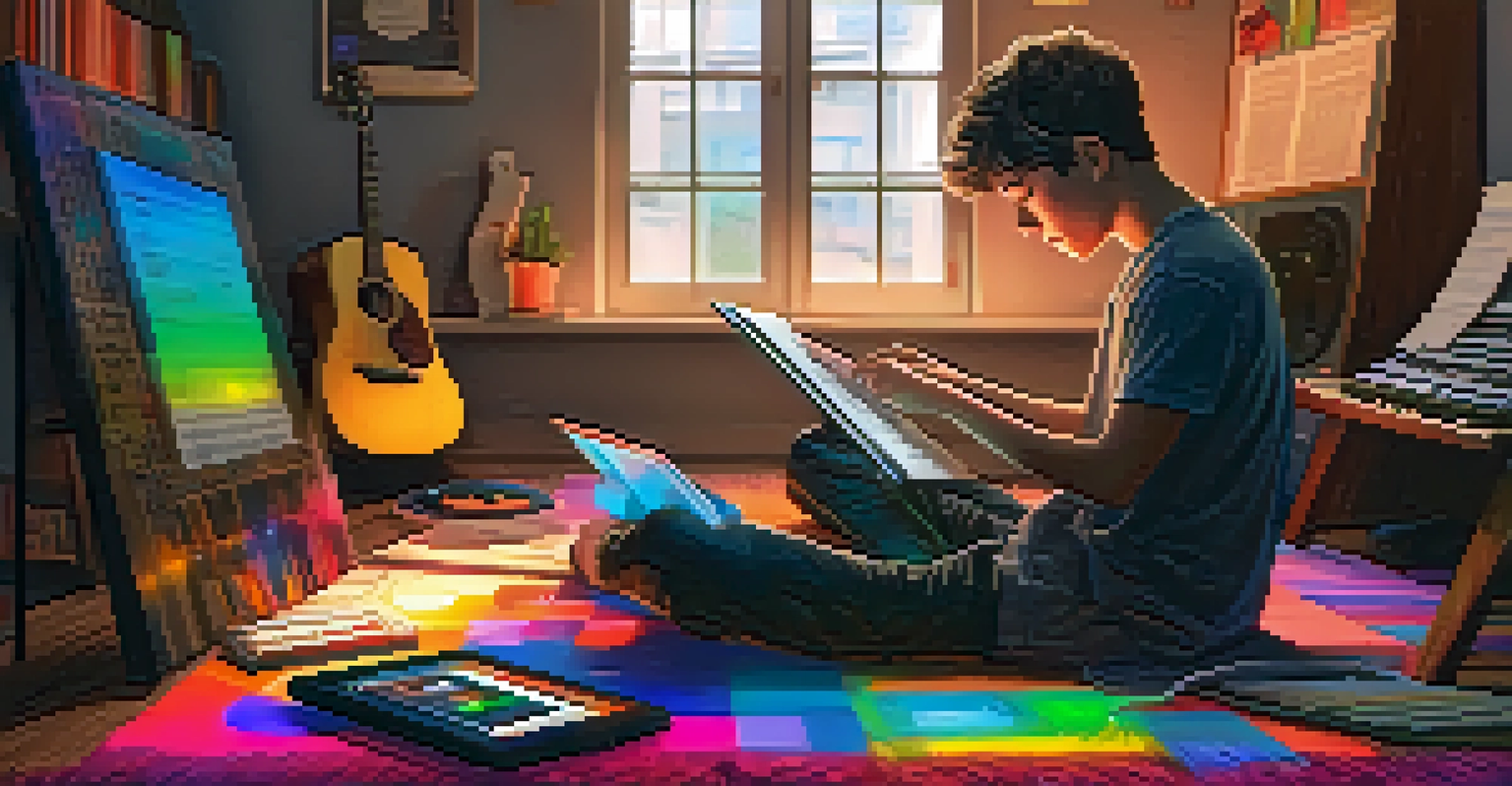 A young musician practicing with a tablet, surrounded by instruments and sheet music.