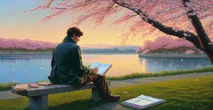 A writer sitting on a bench under a cherry blossom tree with a notebook, surrounded by pink petals and a sunset lake.