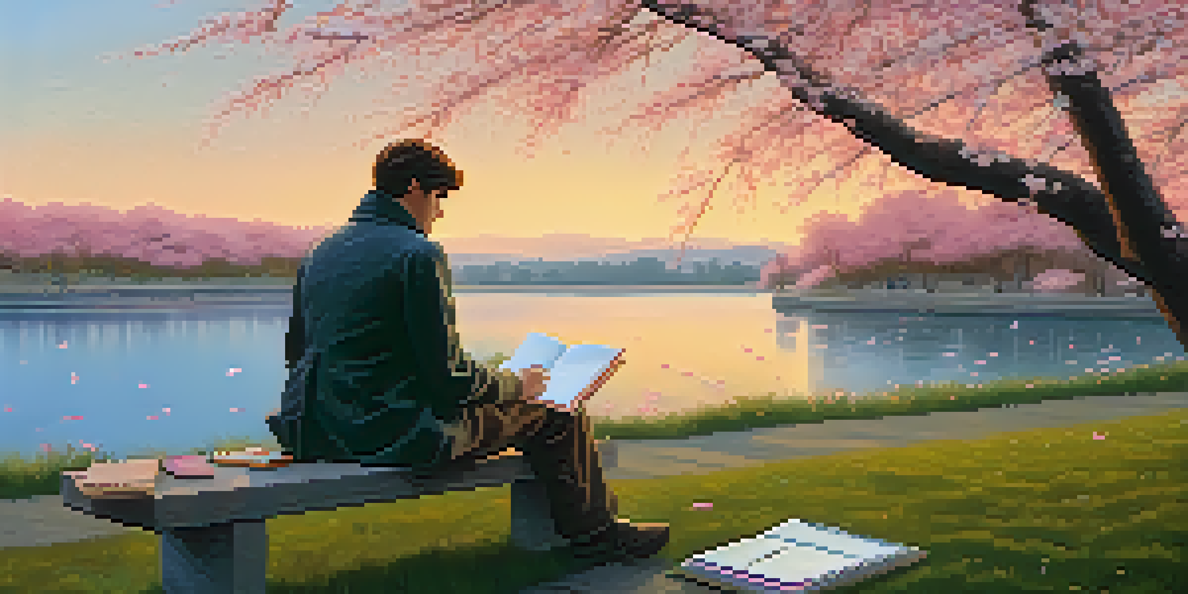 A writer sitting on a bench under a cherry blossom tree with a notebook, surrounded by pink petals and a sunset lake.
