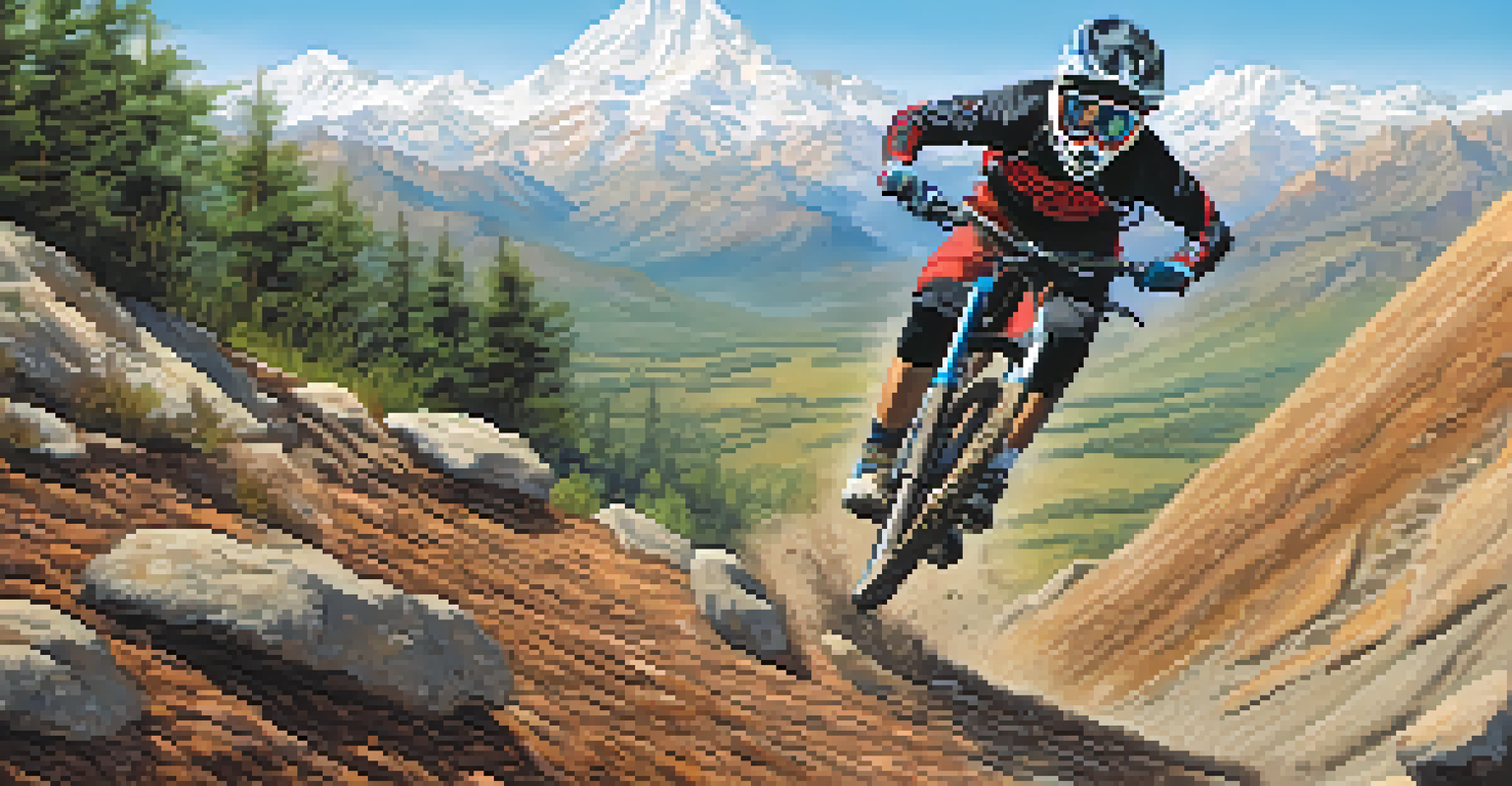 A mountain biker jumping over a natural ramp with mountains in the background, captured mid-air with dust flying.