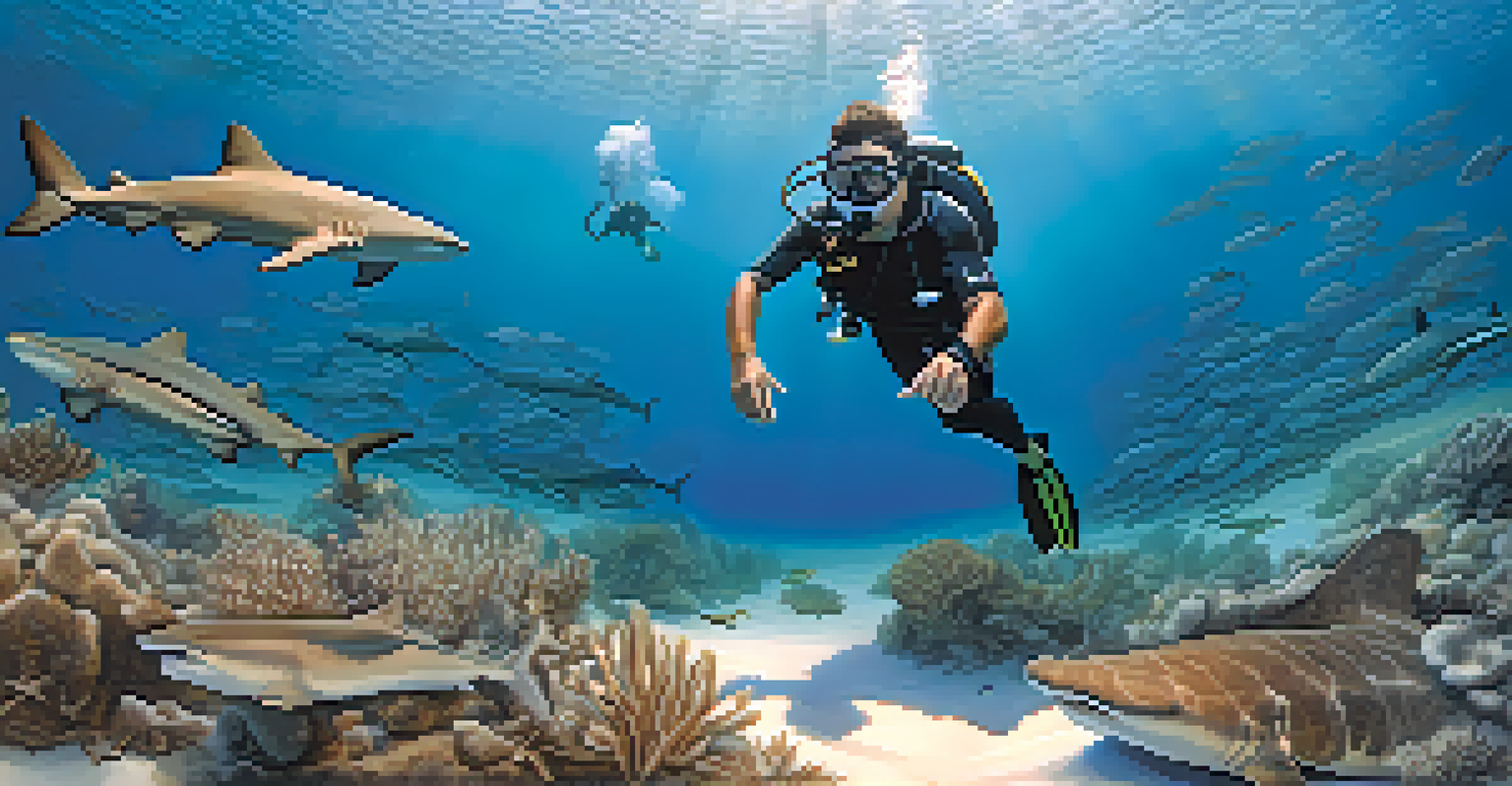 A diver watching nurse sharks resting on the ocean floor, surrounded by coral and marine plants.