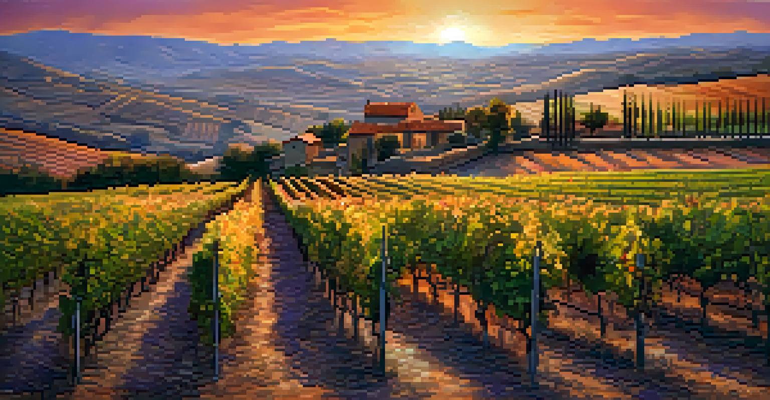 Vineyard in the Rioja region at sunset, with rows of Tempranillo vines under a colorful sky.