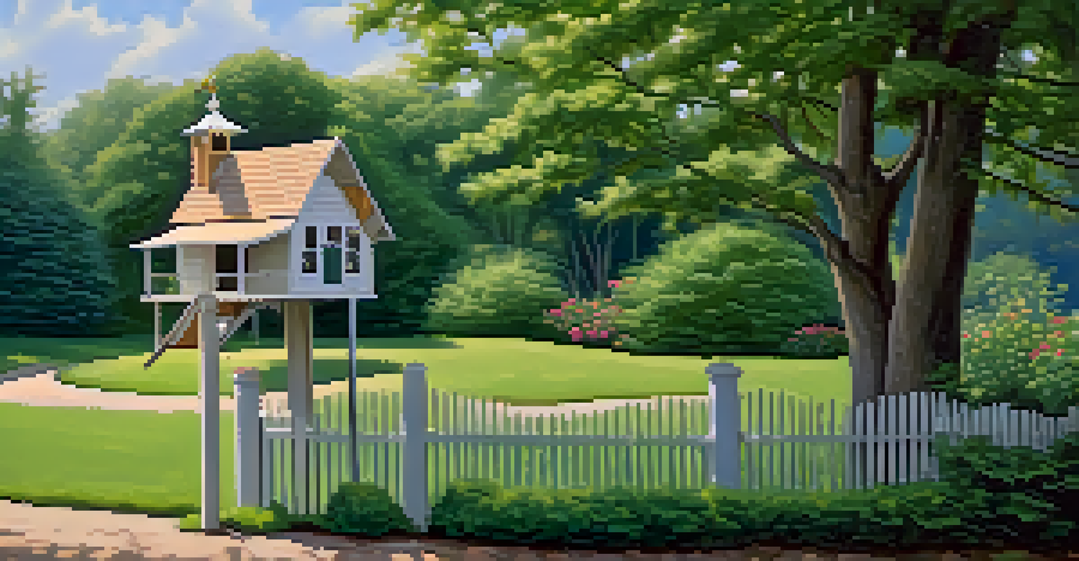 A birdhouse on a post in a garden, with birds nearby and greenery in the background.