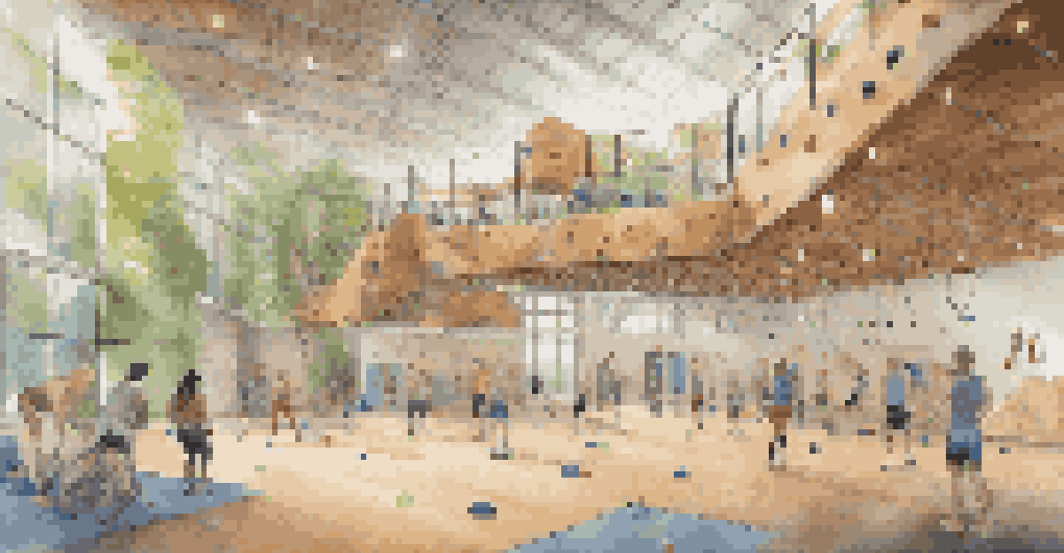 An indoor climbing facility emphasizing sustainability with recycled materials, solar panels, and diverse climbers enjoying the space.