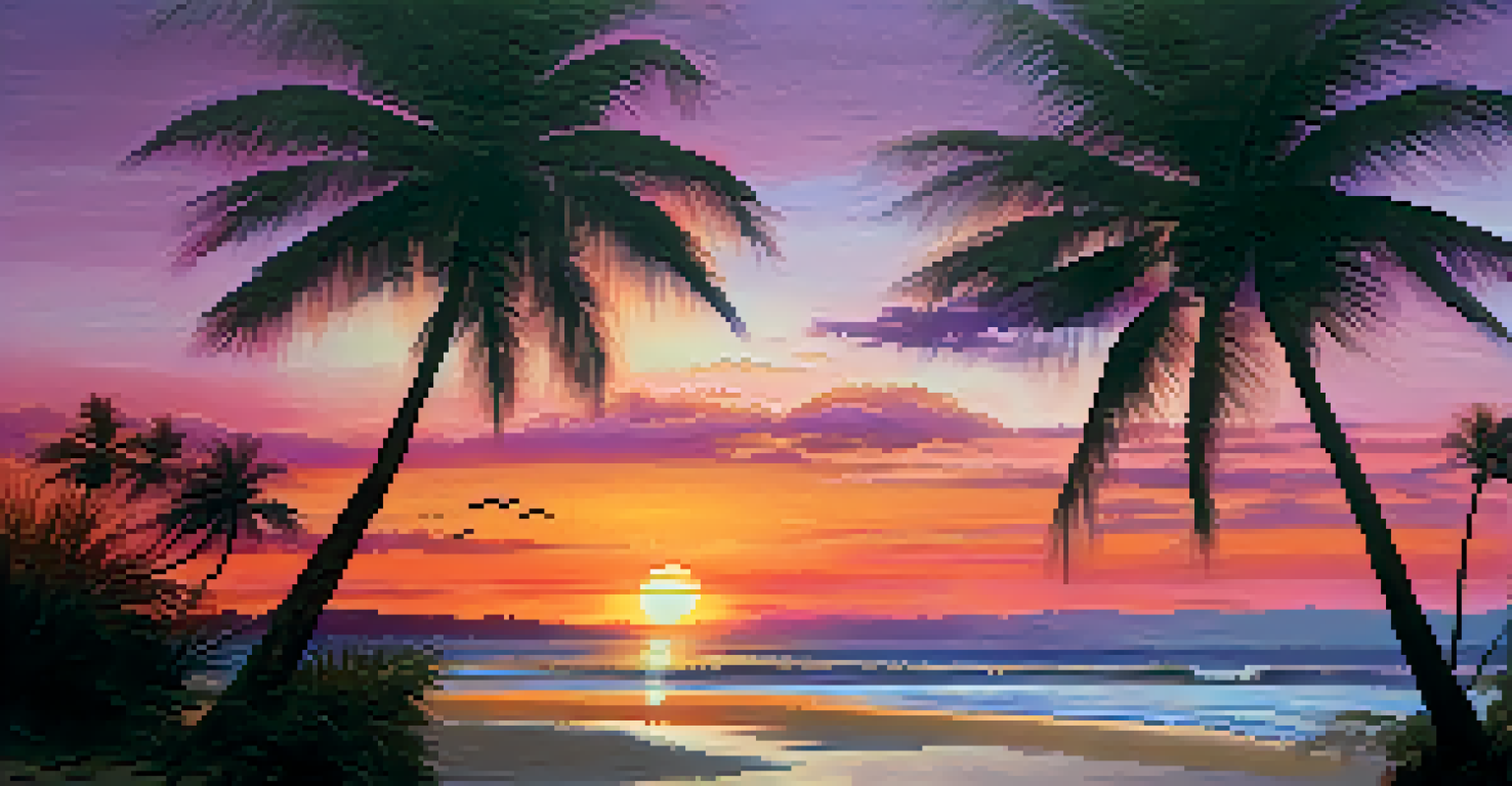 A beautiful sunset over a beach with waves and silhouetted palm trees framing the scene.