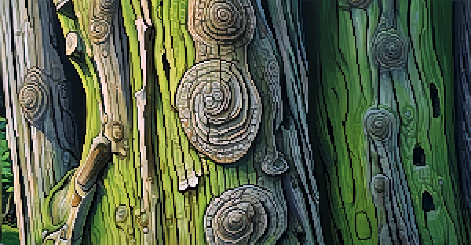 A close-up of a weathered tree trunk with intricate bark patterns and green lichen, illuminated by soft sunlight.