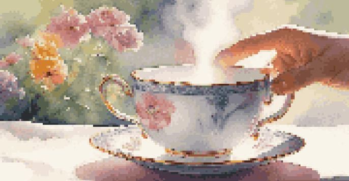 A close-up of hands holding a porcelain teacup with steam rising, set against a softly blurred garden background.