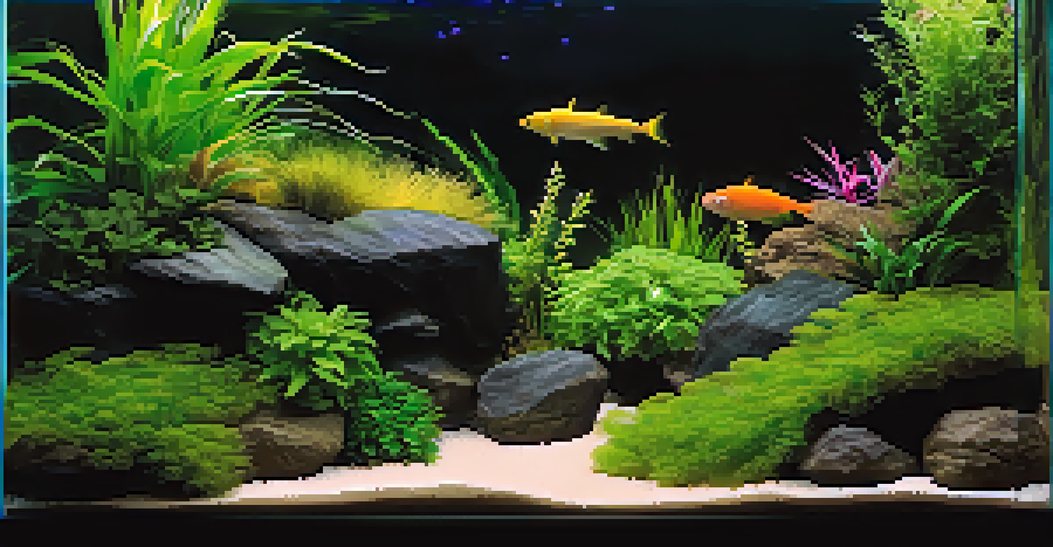 A detailed close-up of an aquascape with layered plants and textured substrate, illuminated by bright lighting.