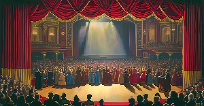A theater stage with warm golden lights and a red velvet curtain, filled with an excited audience, hinting at a dramatic play.