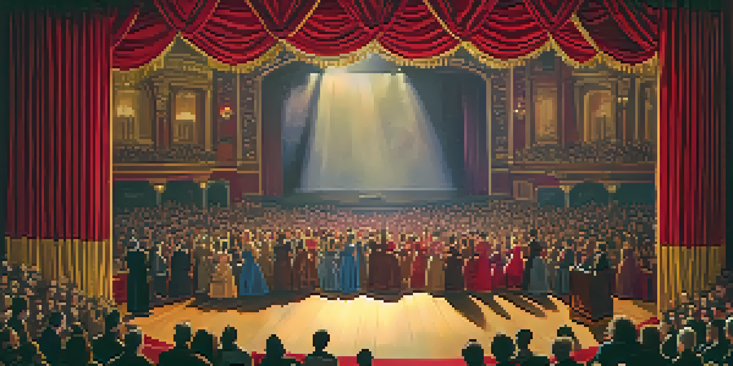 A theater stage with warm golden lights and a red velvet curtain, filled with an excited audience, hinting at a dramatic play.