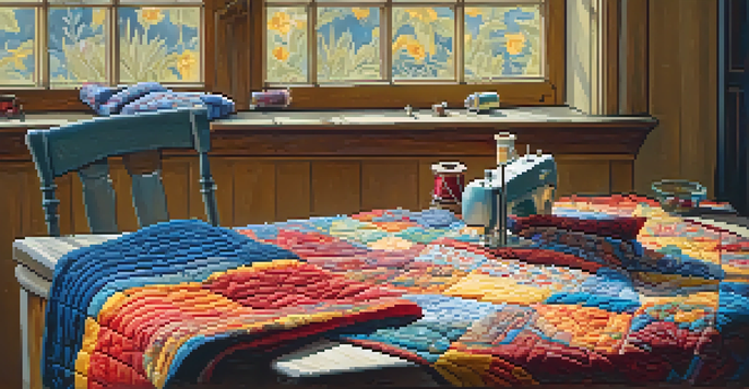 A cozy sewing corner with a wooden table, colorful fabrics, and a partially completed quilt under warm lighting.
