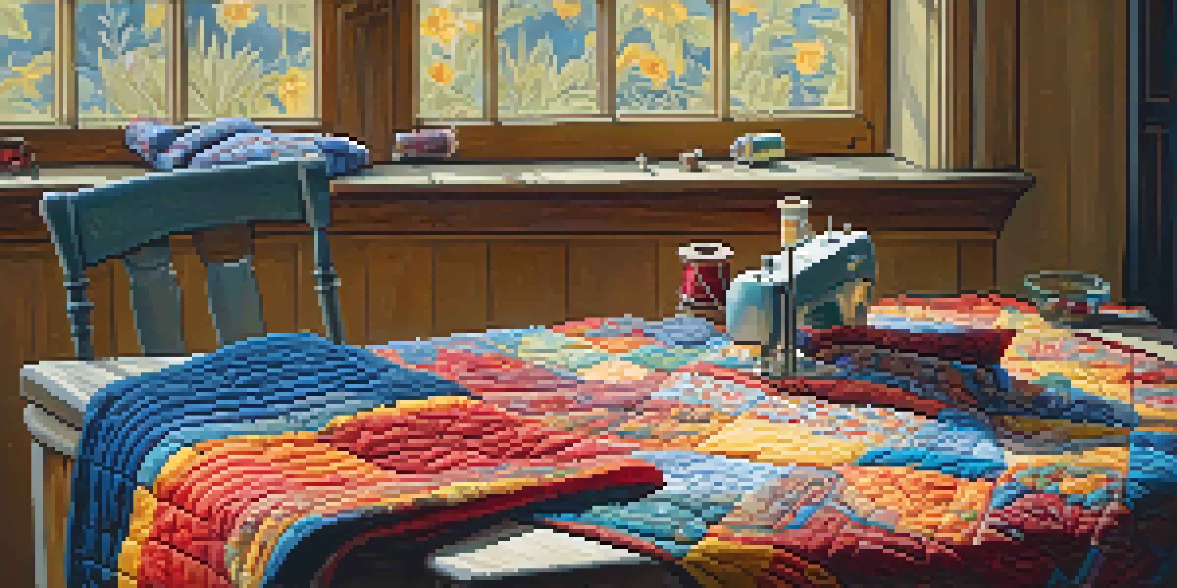 A cozy sewing corner with a wooden table, colorful fabrics, and a partially completed quilt under warm lighting.