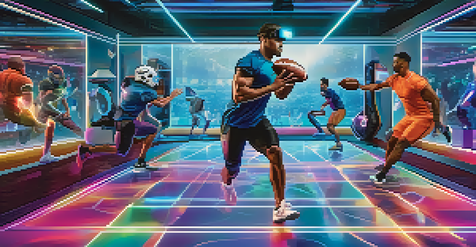 A quarterback training in a modern gym using virtual reality to practice throws against holographic defenders, surrounded by advanced training equipment.