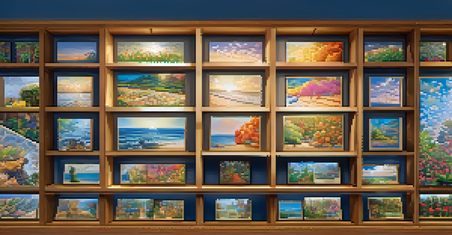 Wooden display shelf showcasing completed jigsaw puzzles, with decorative boxes and plants, illuminated by natural light.