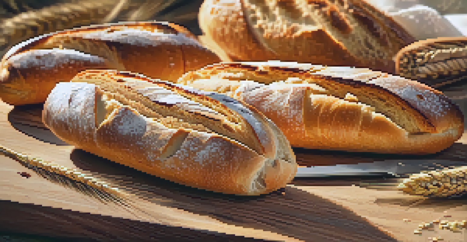Freshly baked baguettes on a wooden cutting board with a serrated knife, steam rising, and wheat grains scattered around.