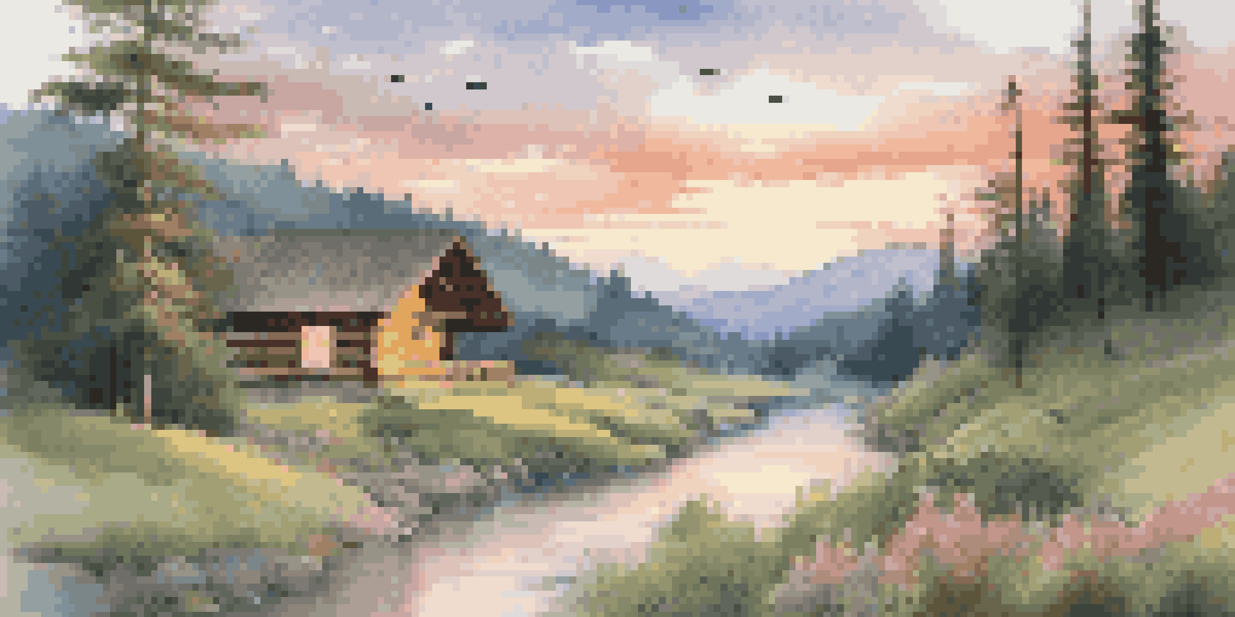A peaceful river scene with a cabin, trees, and colorful sunset sky.