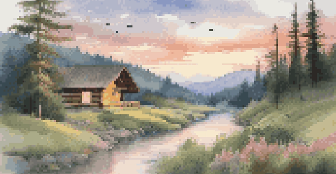 A peaceful river scene with a cabin, trees, and colorful sunset sky.