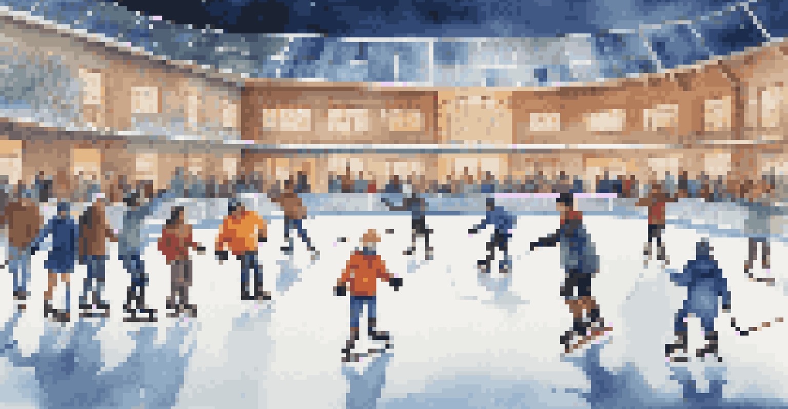 A lively ice rink with skaters of all backgrounds practicing together under bright LED lights.