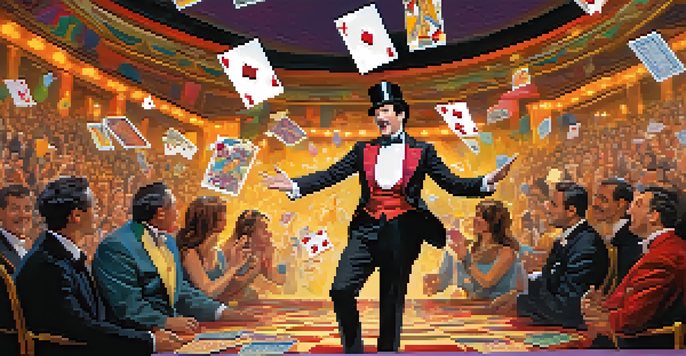 A magician on stage looking surprised while performing a card trick, with a laughing audience in front and colorful lights in the background.