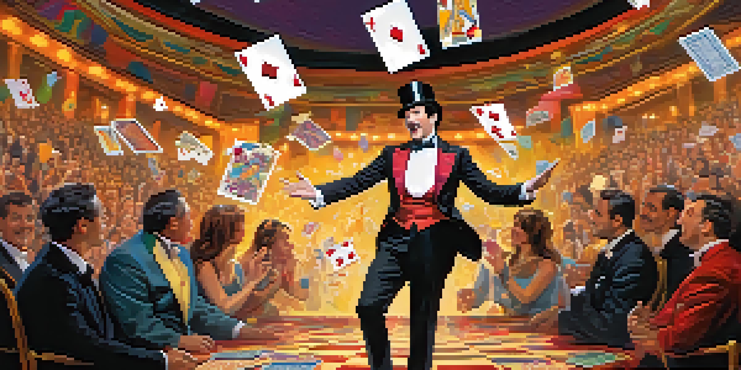 A magician on stage looking surprised while performing a card trick, with a laughing audience in front and colorful lights in the background.