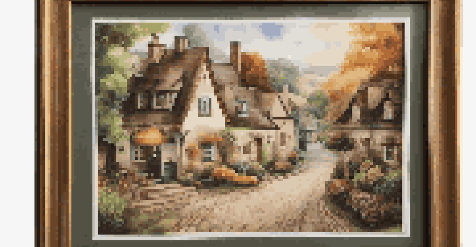 A completed jigsaw puzzle of a quaint village displayed on a wall, framed among family photos.