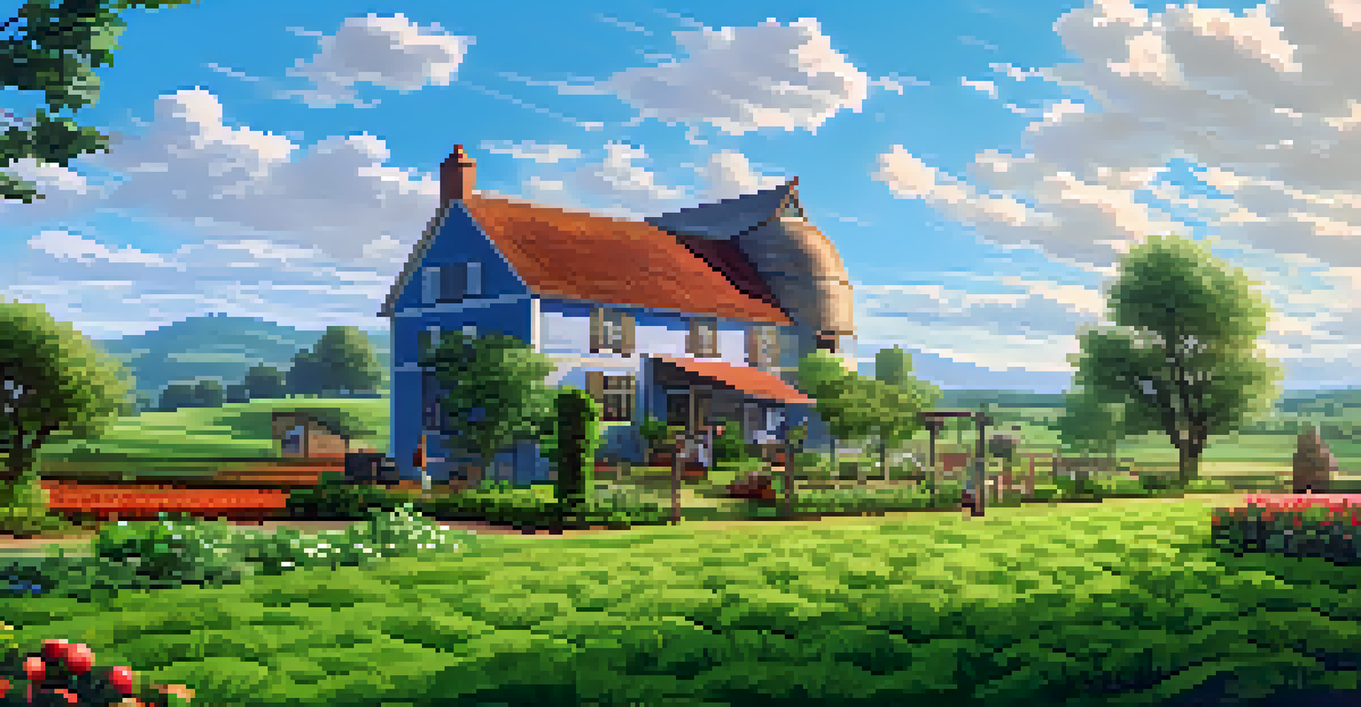 A lush green field with crops and a farmhouse in a farming simulation game, with a character gardening.