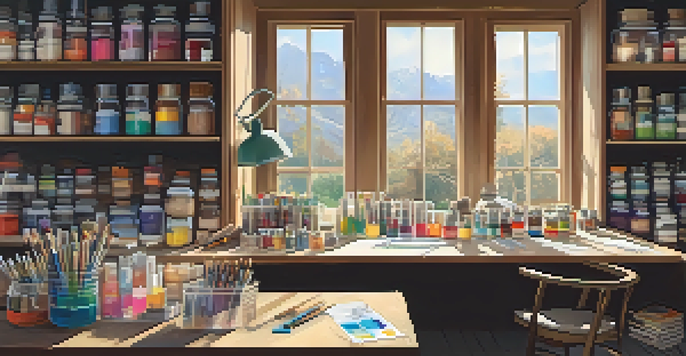 A well-organized artist's workspace with vibrant art supplies in clear containers, warm natural light, and colorful mood boards on the walls.