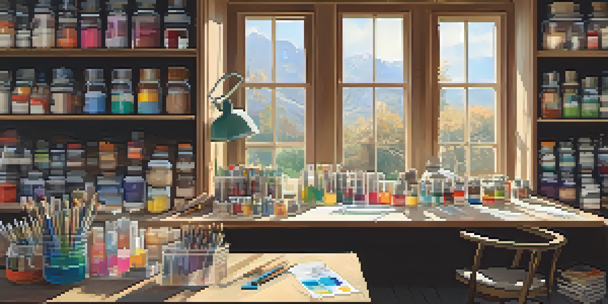 A well-organized artist's workspace with vibrant art supplies in clear containers, warm natural light, and colorful mood boards on the walls.